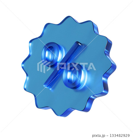 パーセント割引を表すフラットなアイコンの3Dイラスト。透明感のある青いグラスモーフィズムなマーク 133482929