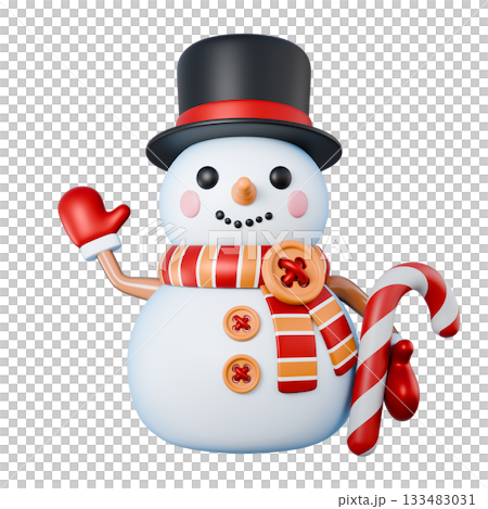Snowman waving hand and hold lollipop 3D Snowman waving hand and hold lollipop 3D 133483031