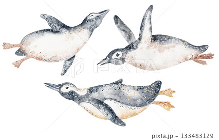 Floating Penguin Group Watercolor Illustration 133483129