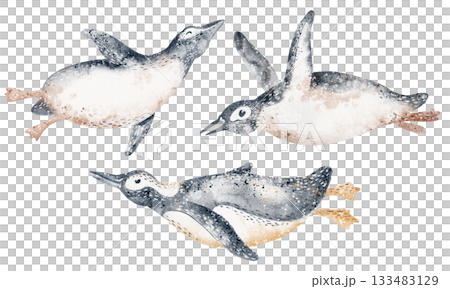 Floating Penguin Group Watercolor Illustration 133483129