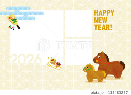 2026年 午年親子のかわいいフォトフレーム年賀状［3窓］ 133483257