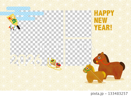 2026年 午年親子のかわいいフォトフレーム年賀状［3窓］ 133483257