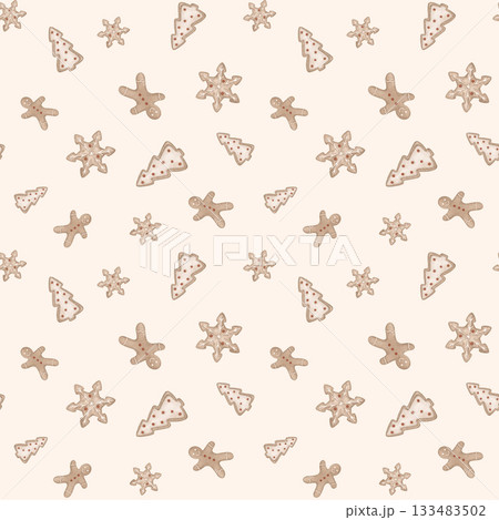 Hand-drawn seamless pattern with Christmas illustration gingerbread man and cookies in the shape of a snowflake and tree. New year repeat print for design textile or wrapping paper with cookies. Hand-drawn seamless pattern with Christmas illustration gingerbread man and cookies in the shape of a snowflake and tree. New year repeat print for design textile or wrapping paper with cookies. 133483502