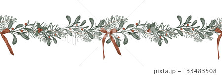 Horizontal seamless border with hand drawn illustration of green branch of fir tree and holly with red berry. Frame with red bows for New year or Christmas design in muted tones 133483508