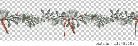 Horizontal seamless border with hand drawn illustration of green branch of fir tree and holly with red berry. Frame with red bows for New year or Christmas design in muted tones Horizontal seamless border with hand drawn illustration of green branch of fir tree and holly with red berry. Frame with red bows for New year or Christmas design in muted tones 133483508