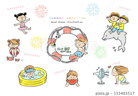 夏休みの子供達の線画イラストセット 133483517