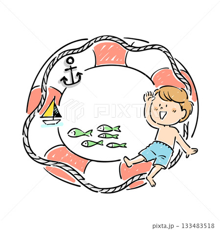 浮き輪と男の子の夏のイメージの手書きイラスト 133483518
