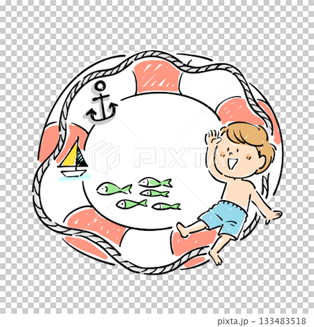 浮き輪と男の子の夏のイメージの手書きイラスト 133483518