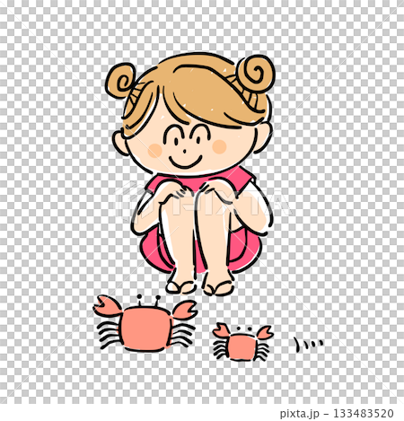 Illustration of a smiling girl looking at a crab Illustration of a smiling girl looking at a crab 133483520