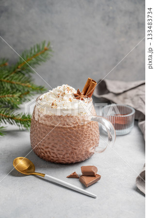 Hot chocolate with wipped cream in a cup on a light background with fir branches and spoon. 133483734