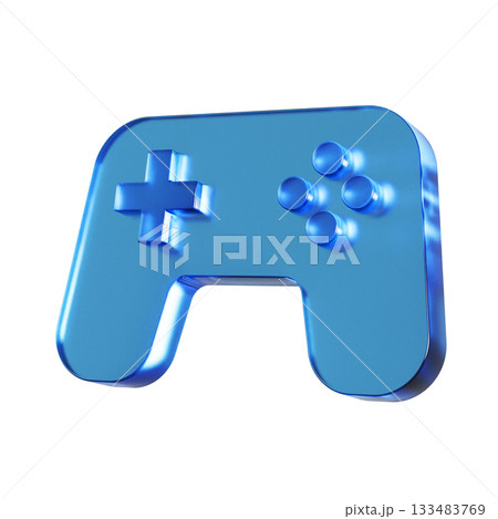 ゲームのコントローラーのフラットなアイコンの3Dイラスト。透明感のある青いグラスモーフィズムなマーク 133483769