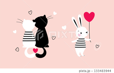 Cute Little Cat Couple and Bunny with Heart Balloon as Valentine Day Celebration Vector Set Cute Little Cat Couple and Bunny with Heart Balloon as Valentine Day Celebration Vector Set 133483944