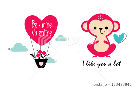Cute Little Monkey with Heart and Flowers on Air Balloon as Valentine Day Celebration Vector Set Cute Little Monkey with Heart and Flowers on Air Balloon as Valentine Day Celebration Vector Set 133483946