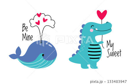 Cute Little Whale and Crocodile with Heart as Valentine Day Celebration Vector Set Cute Little Whale and Crocodile with Heart as Valentine Day Celebration Vector Set 133483947