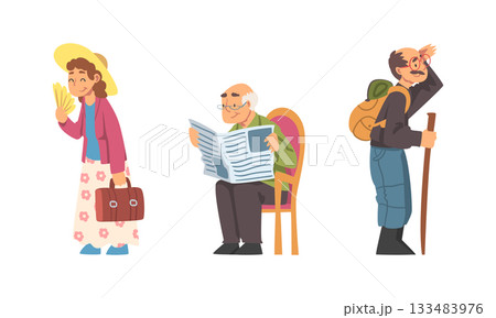 Senior Man and Woman with Backpack Hiking and Reading Newspaper Vector Set Senior Man and Woman with Backpack Hiking and Reading Newspaper Vector Set 133483976