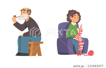 Senior Man and Woman Smoking Pipe and Knitting Sitting in Armchair Vector Set Senior Man and Woman Smoking Pipe and Knitting Sitting in Armchair Vector Set 133483977