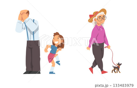 Senior Man and Woman Playing Hide-and-seek with Grandchild and Walking the Dog Vector Set Senior Man and Woman Playing Hide-and-seek with Grandchild and Walking the Dog Vector Set 133483979