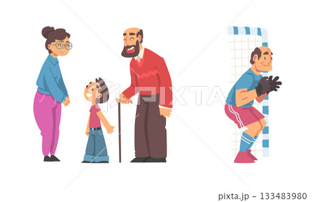 Senior Man and Woman Talking to Grandson and Standing in Football Goalpost Vector Set Senior Man and Woman Talking to Grandson and Standing in Football Goalpost Vector Set 133483980
