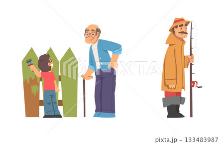 Senior Man with Fishing Rod and Cane with Grandson Coloring Fence Vector Set 133483987