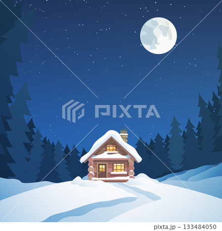 wooden cabin in snow forest at night wooden cabin in snow forest at night 133484050