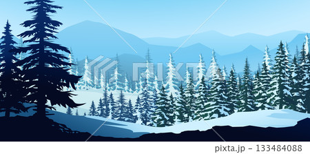 a winter forest landscape with snowy mountains 133484088