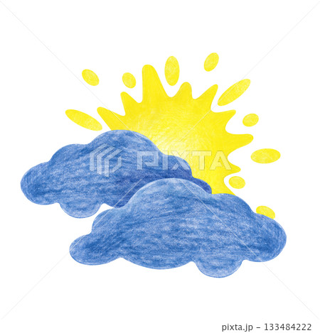 The bright sun appears from behind dark clouds. Drawing with colored pencils on an isolated background. A clipart depicting a weather phenomenon. 133484222