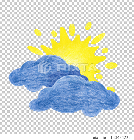 The bright sun appears from behind dark clouds. Drawing with colored pencils on an isolated background. A clipart depicting a weather phenomenon. 133484222