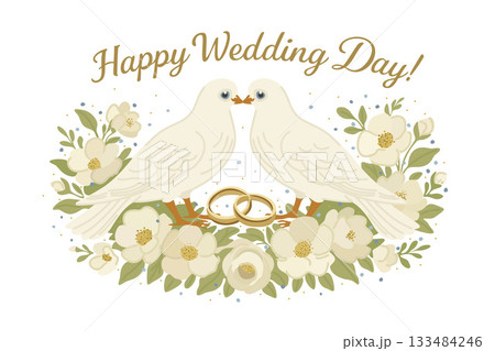 Happy Wedding Day!Two pigeons tenderly kissing surrounded by garland of flowers and pair of wedding rings in the center 133484246