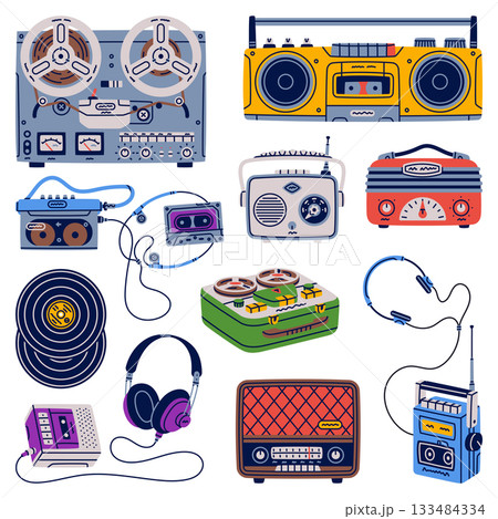 Retro Music Player and Cassette Recorder Vector Set 133484334
