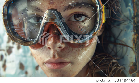 A young Caucasian woman with brown hair and freckles wears diving goggles underwater. Bubbles surround her face, creating a serene aquatic atmosphere 133484464