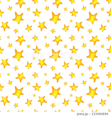 Seamless pattern with golden stars on an isolated background. Drawing with colored pencils. A pencil template for textiles, wallpaper for a children's room, or gift wrapping. 133484694