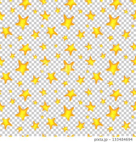 Seamless pattern with golden stars on an isolated background. Drawing with colored pencils. A pencil template for textiles, wallpaper for a children's room, or gift wrapping. 133484694
