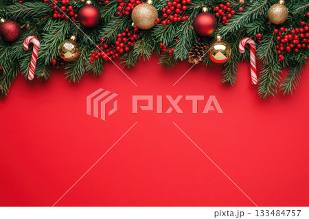 Christmas border composition with gift box , fir branches and red and gold christmas balls on a red background with copy space 133484757
