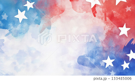 a vivid watercolor splash blending red and blue hues with white stars, creating a dynamic and patriotic abstract composition on canvas. 133485006