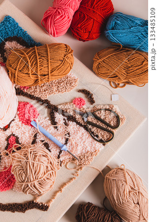 Punch needling kit, threads, canvas and needle for handmade crafts top and vertical view Punch needling kit, threads, canvas and needle for handmade crafts top and vertical view 133485109