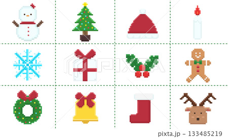 クリスマスモチーフのピクセルアートアイコンセット クリスマスモチーフのピクセルアートアイコンセット 133485219