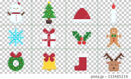 クリスマスモチーフのピクセルアートアイコンセット クリスマスモチーフのピクセルアートアイコンセット 133485219