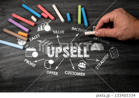 Upsell Concept Drawn On Blackboard With Chalk And Hand Upsell Concept Drawn On Blackboard With Chalk And Hand 133485334