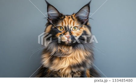 Charming Longhaired Cat Portrait on Gray Background, Showcasing the Feline s Unique Beauty and Grace Charming Longhaired Cat Portrait on Gray Background, Showcasing the Feline s Unique Beauty and Grace 133485480