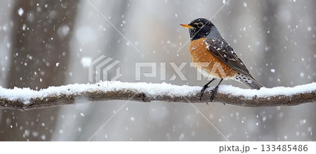 Beautiful American Robin Perched Gracefully on a Snowy Branch, Capturing the Essence of Winter Beautiful American Robin Perched Gracefully on a Snowy Branch, Capturing the Essence of Winter 133485486