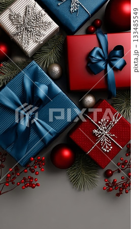 Vibrant Collection of Glossy New Year s Gifts Surrounded by Colorful Ornaments and Pine Needles 133485549