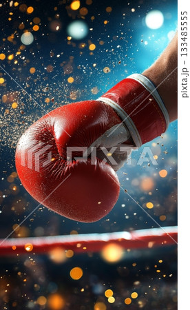 Vibrant Boxing Glove Under Spotlight, Capturing Power, Speed, and the Spirit of Competition Vibrant Boxing Glove Under Spotlight, Capturing Power, Speed, and the Spirit of Competition 133485555