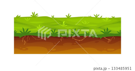 Game ground soil layer of grass. Cartoon vector green grassy surface with roots. Natural seamless texture of meadow land with grass, dirt and earth platform. Fertile field in nature cross section view Game ground soil layer of grass. Cartoon vector green grassy surface with roots. Natural seamless texture of meadow land with grass, dirt and earth platform. Fertile field in nature cross section view 133485951