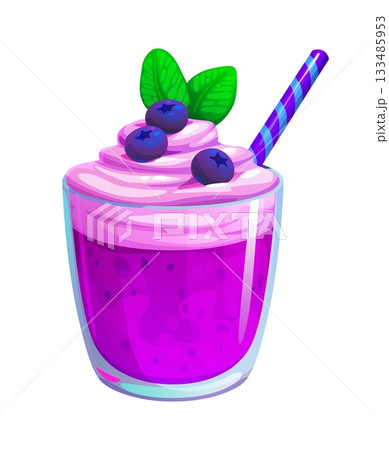 Purple violet smoothie drink. Cartoon vector blueberry smoothie healthy beverage, food, dessert in transparent glass topped with whipped cream, fresh berries, green mint leaves and blue striped straw 133485953