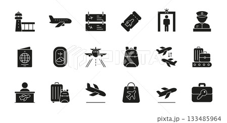 Airport Travel And Security Solid Icon Set. Aviation, Boarding, And Luggage Management Symbol Collection. Passport Control, Flight Information, And Baggage Handling. Isolated Vector Illustration 133485964