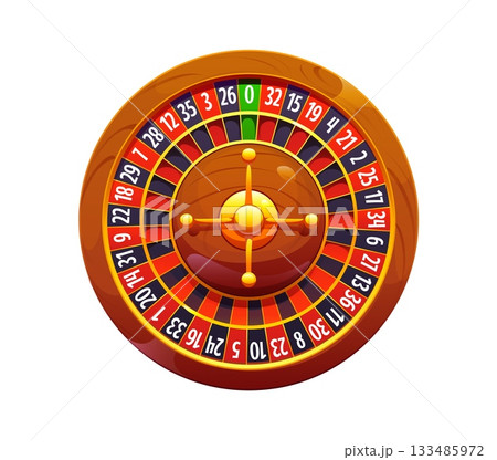 Cartoon casino gambling game icon of roulette wheel with bold red, black and green fields for betting. Golden centerpiece with a cross shaped spinner. Cartoon vector icon for online game app Cartoon casino gambling game icon of roulette wheel with bold red, black and green fields for betting. Golden centerpiece with a cross shaped spinner. Cartoon vector icon for online game app 133485972