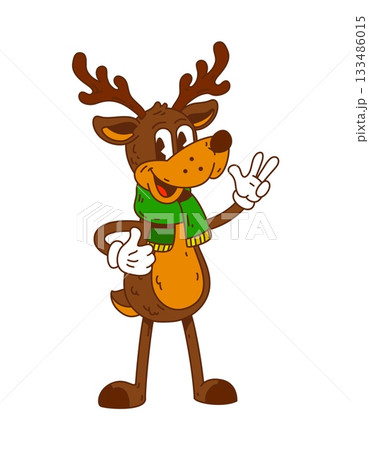 Groovy funky Christmas reindeer character in green scarf. Cartoon vector mascot with psychedelic antlers and vintage comic 70s vibe for merry winter celebration 133486015