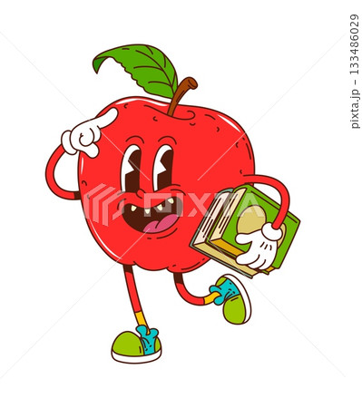 School education groovy character of cheerful red apple with expressive eyes. Vector personage holds a green book while striking a confident pose, playful and intelligent expression 133486029