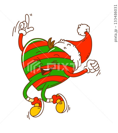 Groovy Christmas heart character with red and green stripes dances happily in Santa hat and orange sneakers. Funky vector love symbol with 70s psychedelic patterns and cheerful cartoon expression Groovy Christmas heart character with red and green stripes dances happily in Santa hat and orange sneakers. Funky vector love symbol with 70s psychedelic patterns and cheerful cartoon expression 133486031