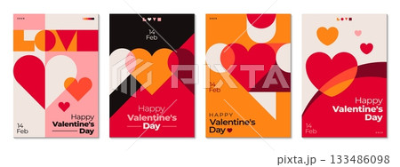 Valentine Day greeting posters in retro style with vector overlapping pattern of hearts, abstract modern geometric shapes, block letters and vibrant colors. Valentine Day love holiday retro posters 133486098